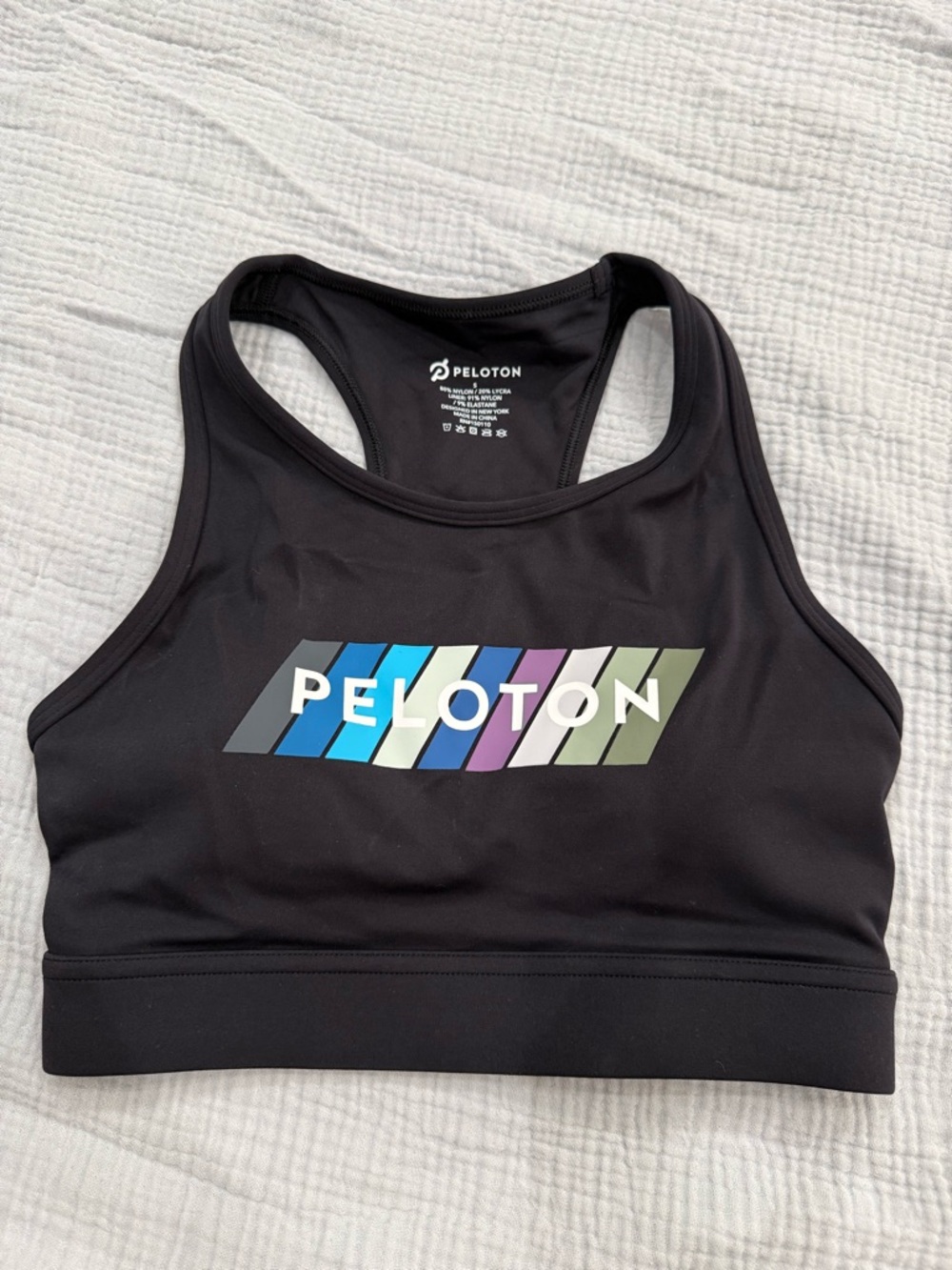 Peloton Black Sports Bra with Multicolor Stripe Logo